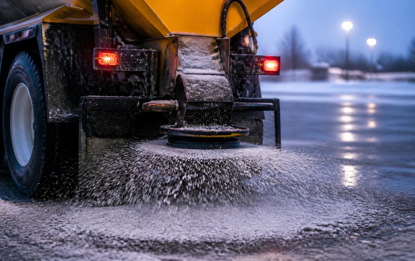 Commercial spreader applying ice control material across a wet commercial parking lot