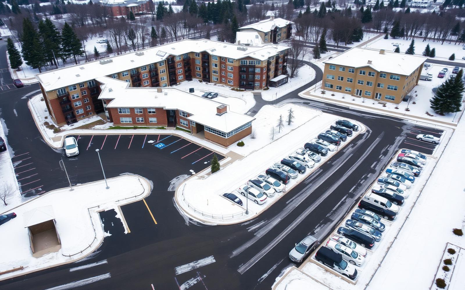 Plowed parking lots and cleared drive lanes at a multi-building commercial property in winter