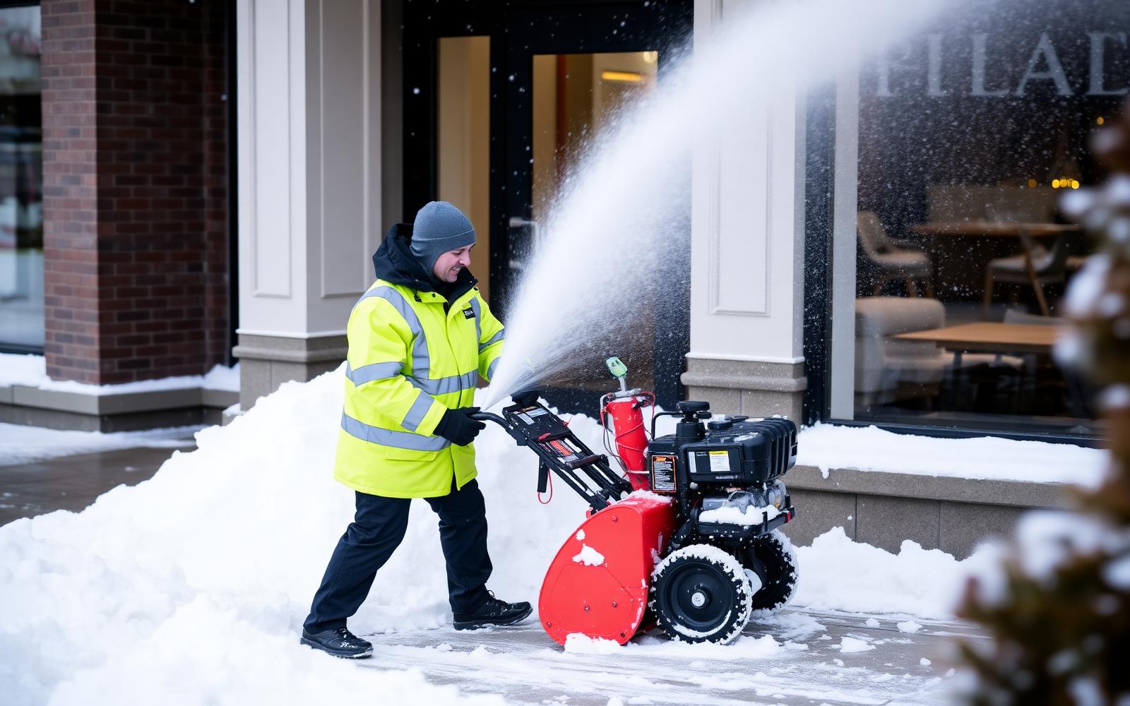 Crew member clearing snow from a commercial building entrance sidewalk